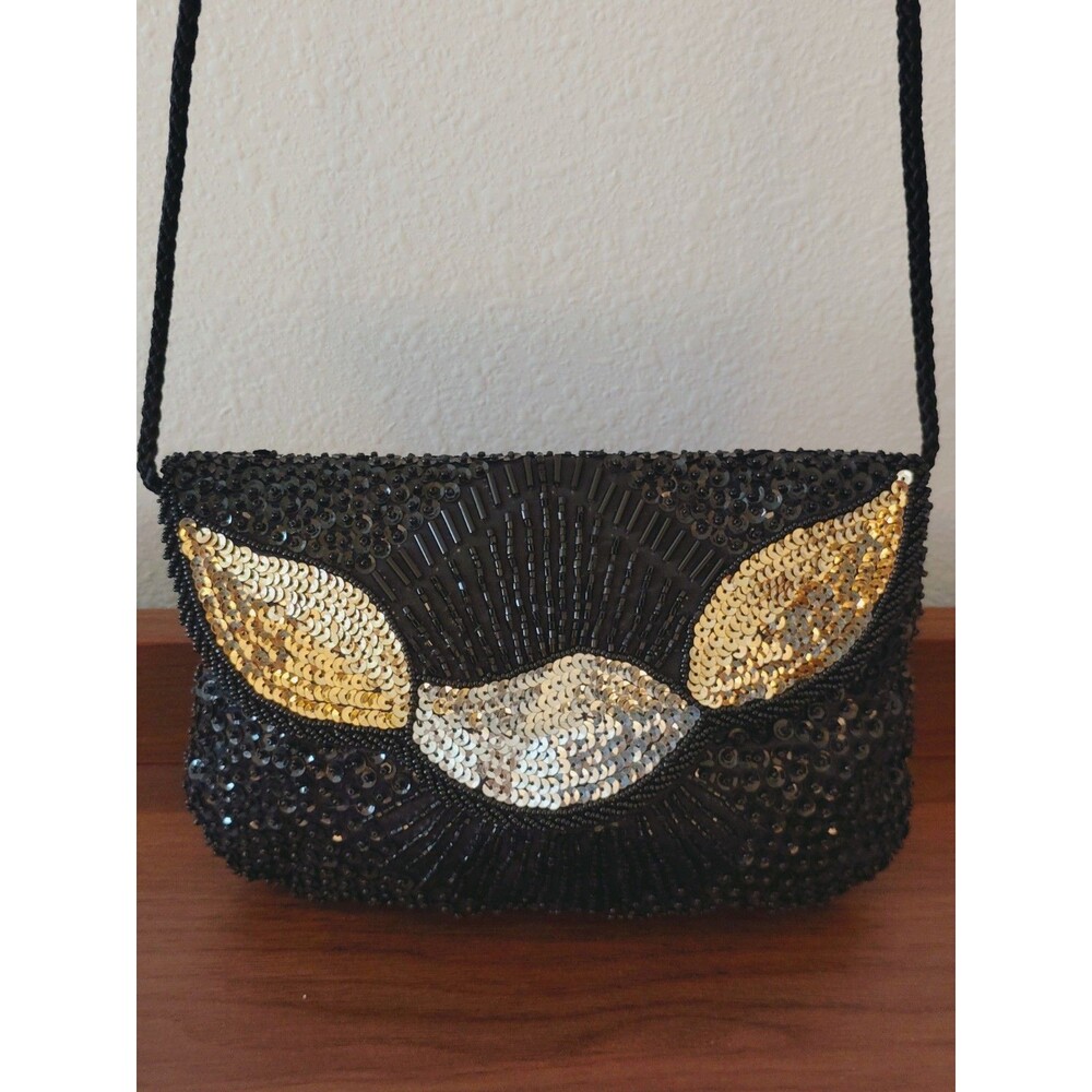 Vintage La Regale Beaded Crossbody Purse Black Silver Gold Sequins Evening Bag